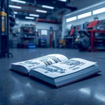 Open automotive repair manual with technical vehicle diagrams on a shop floor, symbolizing service information, diagnostics, and technician training resources.